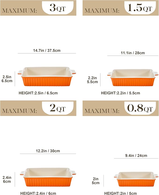 MALACASA Casserole Dishes for Oven, Ceramic Baking Dishes Set of 4,Orange