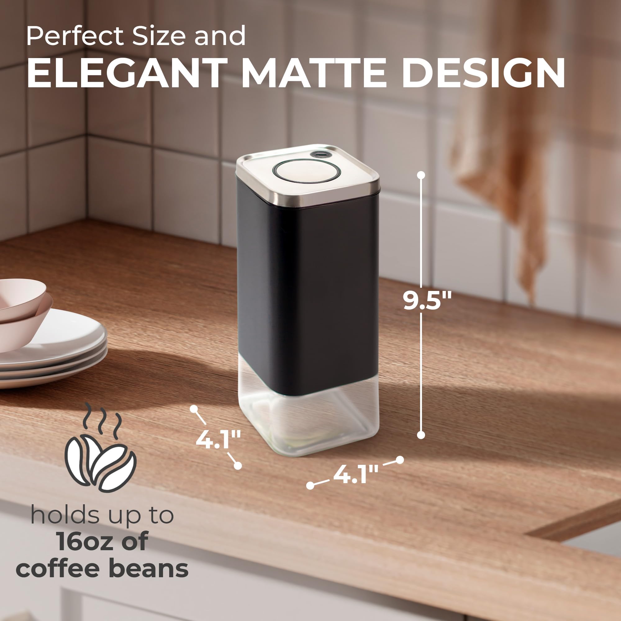 Kaffe Glass Coffee Canister (16oz) w/Airtight Lid - Click to Release Seal - BPA Free Glass & Stainless Steel - Elegant Kitchen Storage Container for Coffee, Nuts, Rice, Flour, Sugar, Tea, Cereal