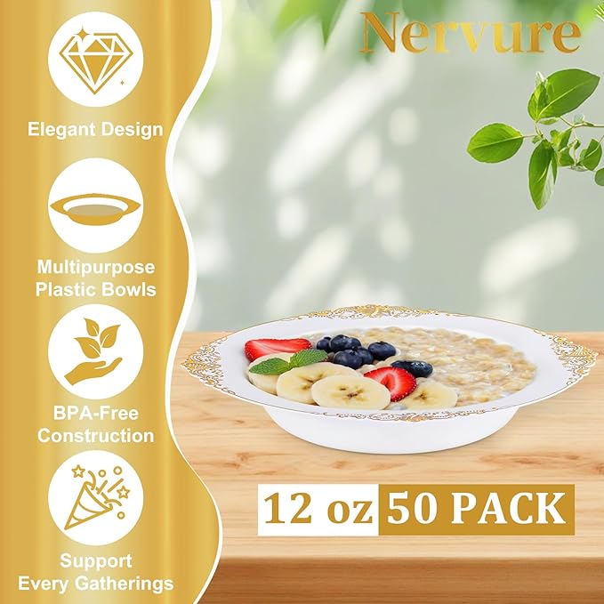 Nervure 50PCS White Plastic Bowls with Gold Rim - 12oz Disposable Soup Bowl