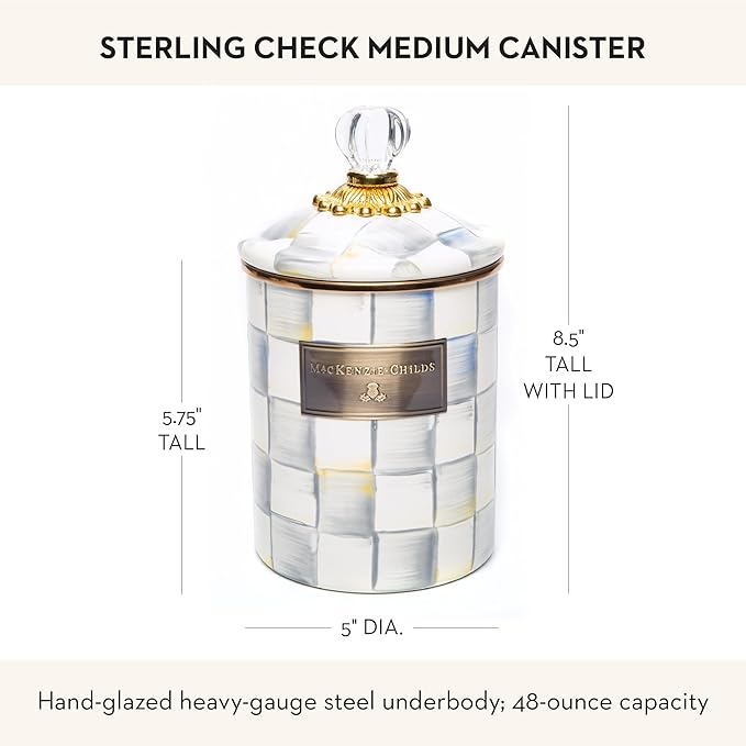 MACKENZIE-CHILDS Enamel Canister, Medium, Gray-and-White Sterling Check