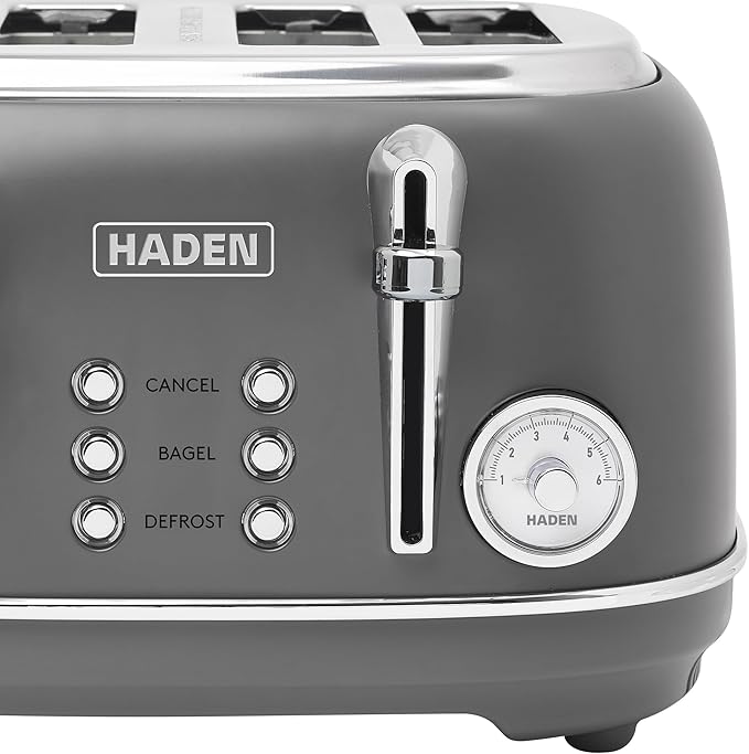 Haden Chelsea 4-Slice Wide Slot Stainless Steel Toaster with Adjustable Browning Control & Non-Slip Feet, Grey & Chrome