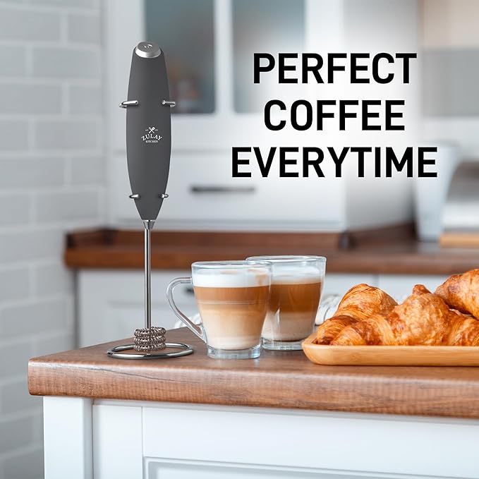 Zulay Kitchen Powerful Milk Frother Wand With Duracell Batteries - Ultra Fast Handheld Drink Mixer - Electric Whisk Foam Maker for Coffee, Lattes, Cappuccino & Matcha - Triple Whisk - Onyx Slate