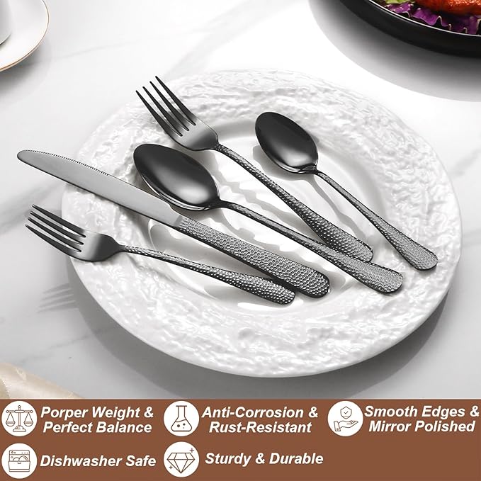 40 Pcs Black Silverware Set for 8, Food Grade Stainless Steel Flatware Set, Eating Utensils Sets Include Fork/Knife/Spoon, Reusable Cutlery Set for Home Kitchen, Dishwasher Safe, Wave Hammered