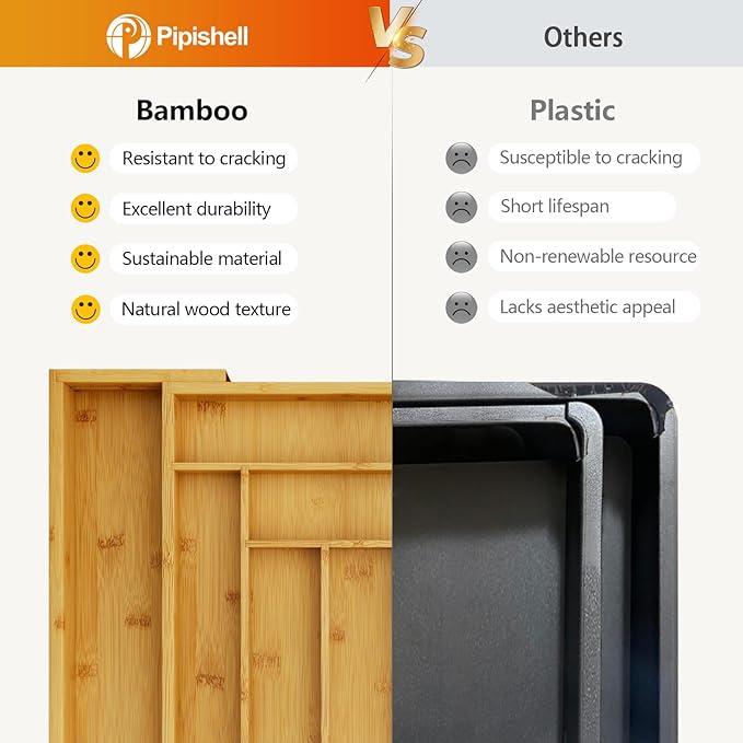 Pipishell Bamboo Expandable Silverware Drawer Organizer, Adjustable Kitchen Utensil Tray for Forks, Spoons and Knives, Wood Storage Cutlery Holder for Bedroom and Living Room