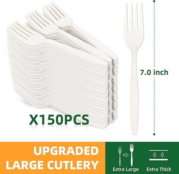 FEHHTO 100% Compostable Fork, 7" Disposable Cornstarch Forks Heavy Duty Cutlery BPI Certified Eco-Friendly Utensils Biodegradable Party Dinner Supplies No Plastic-150pcs Forks