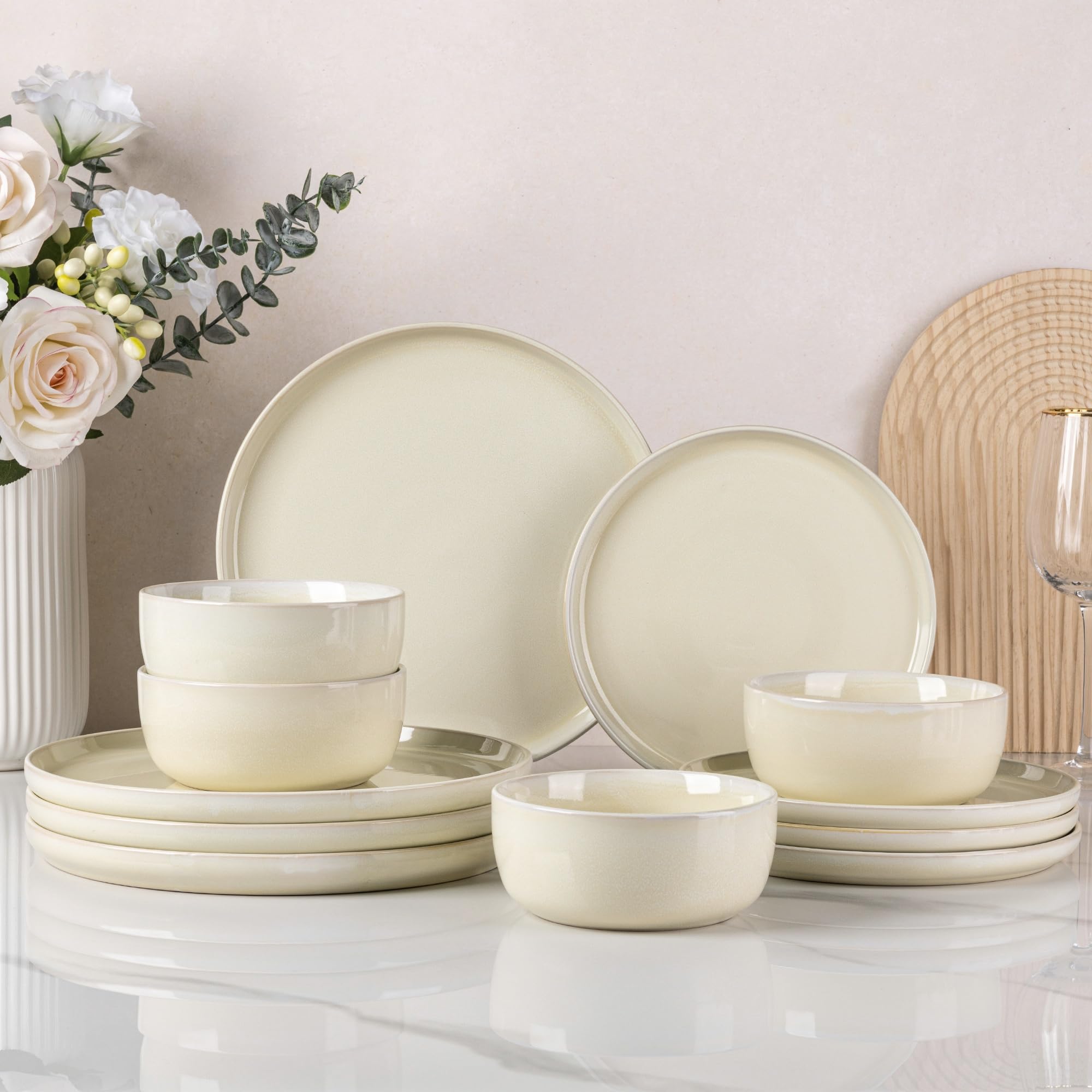 AmorArc Stoneware Dinnerware Sets for 4, 12Pcs Plates and Bowls Sets Dishes