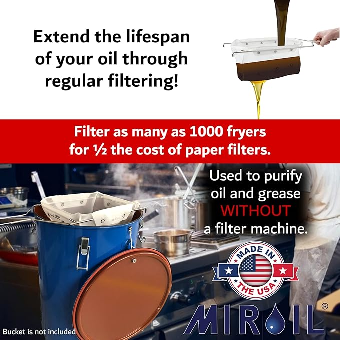 MirOil CONE2B Fryer Filter Bag & Frame Combo Set – Durable Reusable Strainer Bag and Metal Support Frame for Commercial Kitchen Use - Compatible with MirOil Blue Oil Caddy - Model #30L