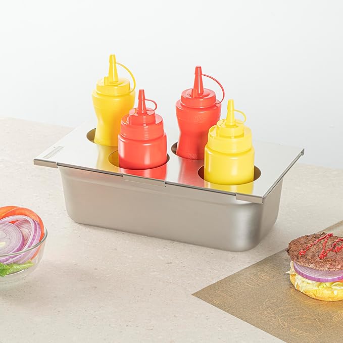 Restaurantware Squeeze Bottle Organizer Top 1 Count 12.79 x 7.09 x 0.39 Inches Stainless Steel Bottle Holder - Four Hole Condiment Rack - Silver Kitchen Organizer for Food Prep
