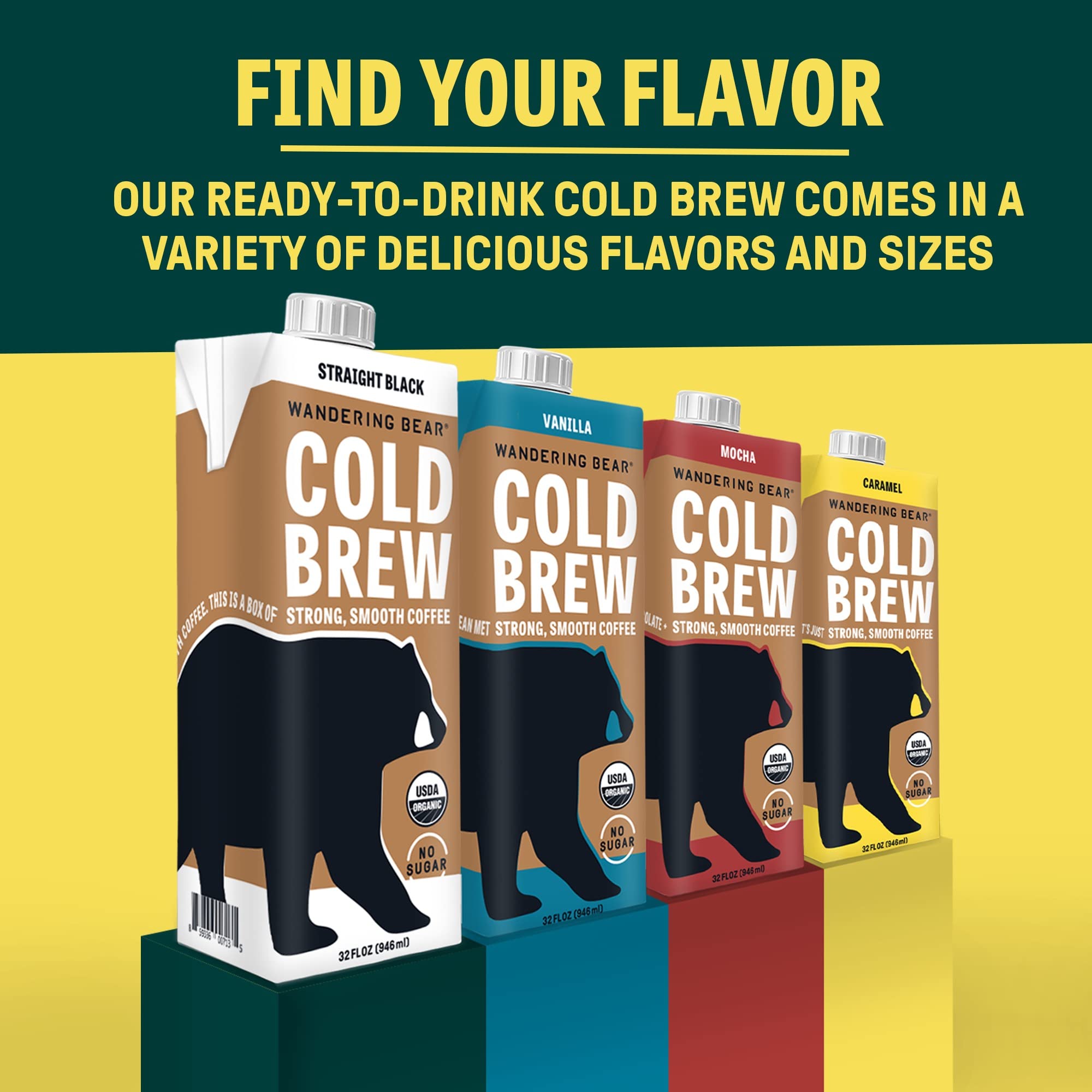 Wandering Bear Extra Strong Organic Cold Brew Coffee, Straight Black, 32 fl oz, 1 pack - Smooth, Organic, Unsweetened, Shelf-Stable, and Ready to Drink & Vegan Cold Brew.