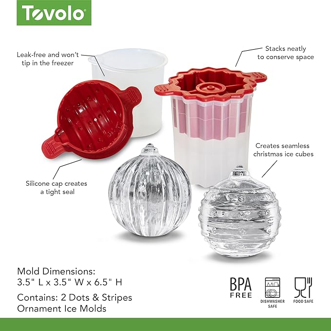 Tovolo Dots and Stripes Ornament Ice Cube Molds Set of 2 for Festive Holiday Drinks Christmas Gifts for Dad, BPA Free Dishwasher Safe Silicone Ice Molds for Cocktails