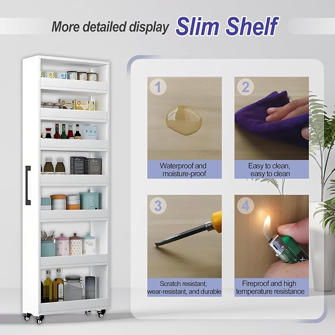 MINGRUIYU 7-Tier Slim Storage Cart, Wooden Rolling Pantry Cabinet with Wheels, Narrow Shelf Organizer for Kitchen, Bakers Rack, Dining Room, Closet, Small Spaces Teak 47.2" H*9.8" W*16.9" D