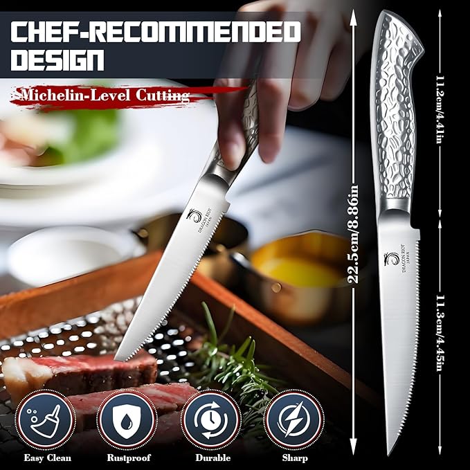 DRAGON RIOT 2-Piece Japanese Stainless Steel Steak Knife Set | Japanese Stainless Steel, Serrated Edge, For Steak and Everyday Table Dining