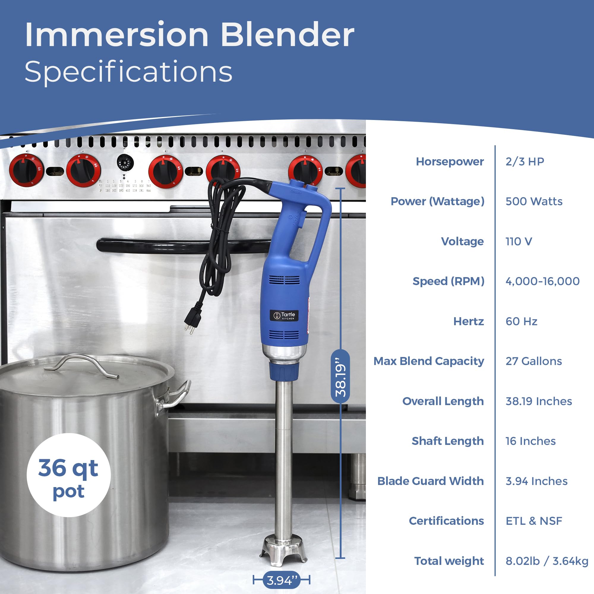 TK Commercial Immersion Blender 500W Heavy Duty for Restaurants - 16" Shaft