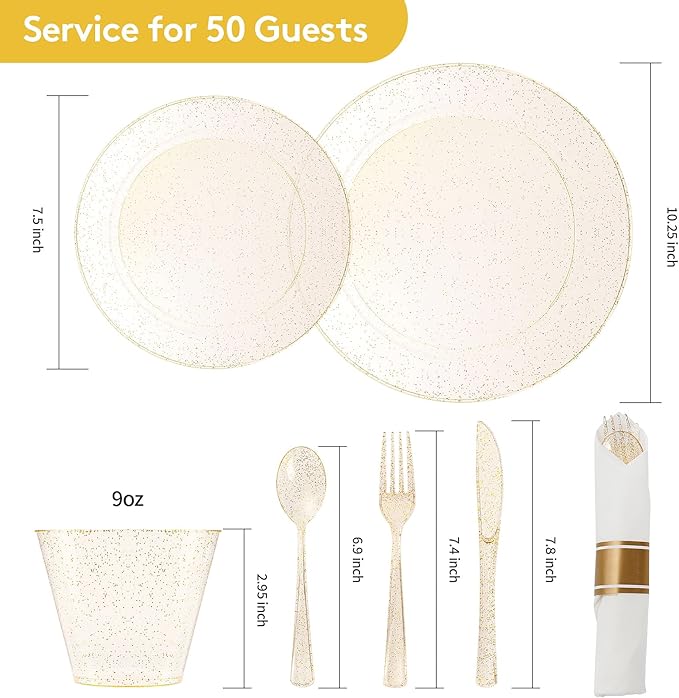 Goodluck 350 Piece Gold Glitter Plastic Dinnerware Set for 50 Guests