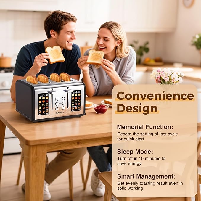 4 Slice Stainless Steel Toaster with 1.5" Wide Slots Digital Touchscreen, Even Toasting for Family Breakfast Bagel & Bread, Reheat & Defrost, Smart Touch Screen, Removable Crumb Tray, Matte Black