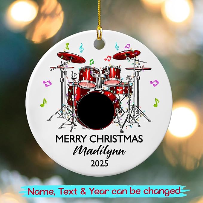 Personalized Drum Set Ceramic Christmas Ornament 2026, Customized Text Year Name Drummer Keepsake Ornaments Gift for Women Men Friend Daughter Son, Drumming Drum Set Ceramic Ornament for Appreciation