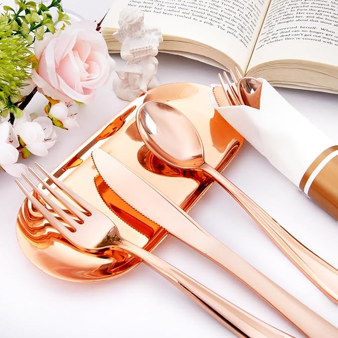 Liacere 100Pack Rose Gold Plastic Silverware - Pre Rolled Napkins with Rose Gold Cutlery - Wrapped Silverware Set Disposable100 Forks Knives Spoons Wrapped Utensils for Wedding ＆ Party