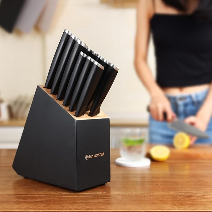 Black Knife Set, 13-Piece Knife Block Set with Built-in Sharpener