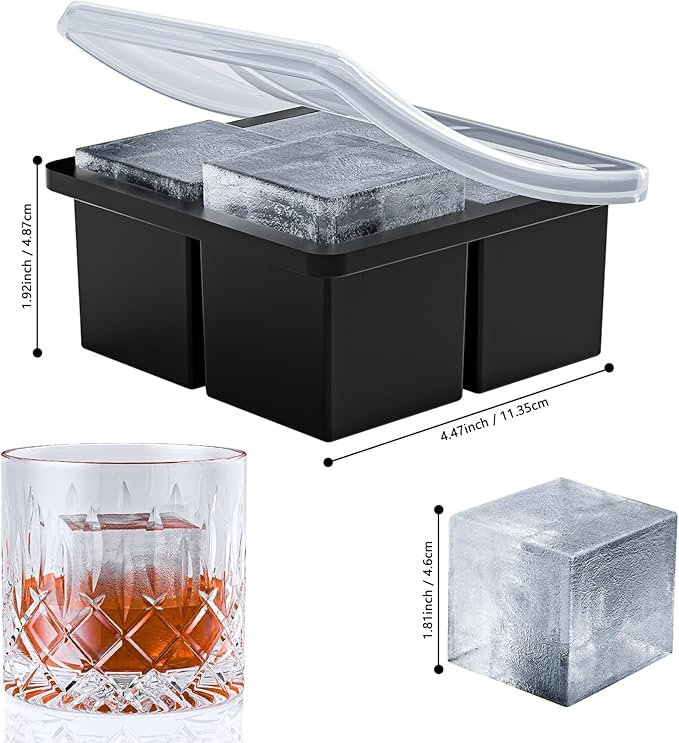 Bangp Large Ice Cube Tray for Whiskey,Silicone Ice Cube Trays 2 Pack,Large Ice Cube Molds with Leak Proof Removable Lid,Square Ice Cube Tray for Whiskey and Cocktail
