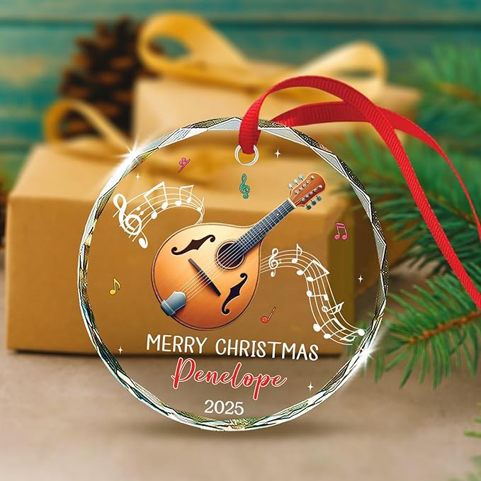 Personalized Mandolin Glass Ornament Xmas 2026, Musical Instrument Christmas Ornament Gift for Mandolin Player, Customized Text & Name Mandolinist Glass Keepsake, Instrument Lover Christmas Ornaments