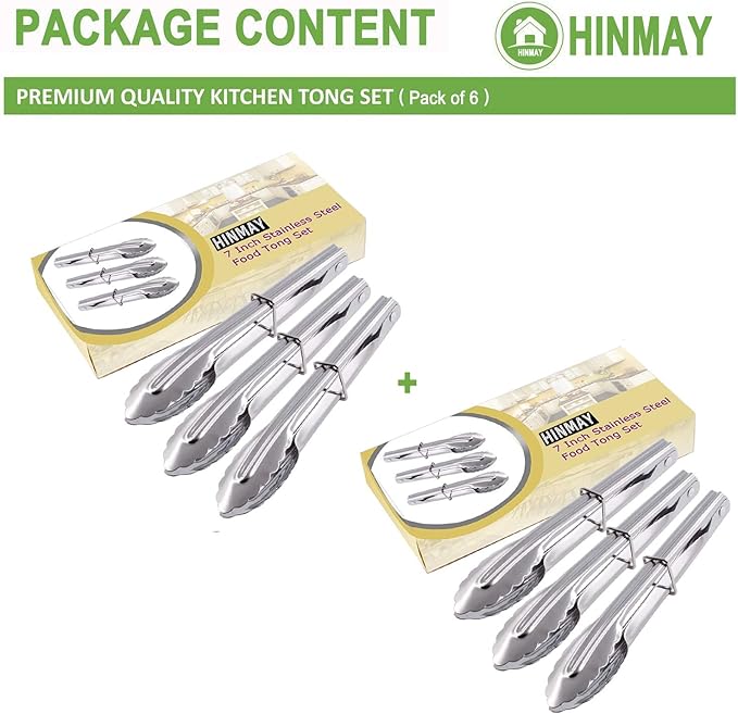 HINMAY Mini Stainless Steel Food Tongs with Silding Rings 7-Inch, Set of 6