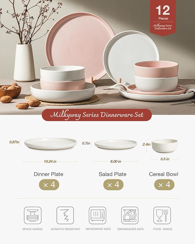 Famiware Milkyway 12-Piece Dinnerware Set, Matte Beige White & Light Pink