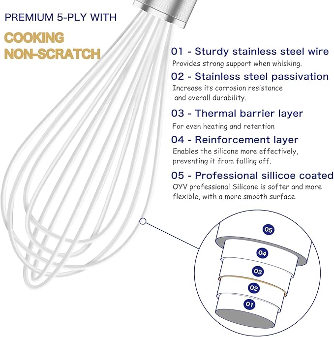 OYV White Silicone Whisk Set of 3, 8/10/12 Inch, Non-Scratch