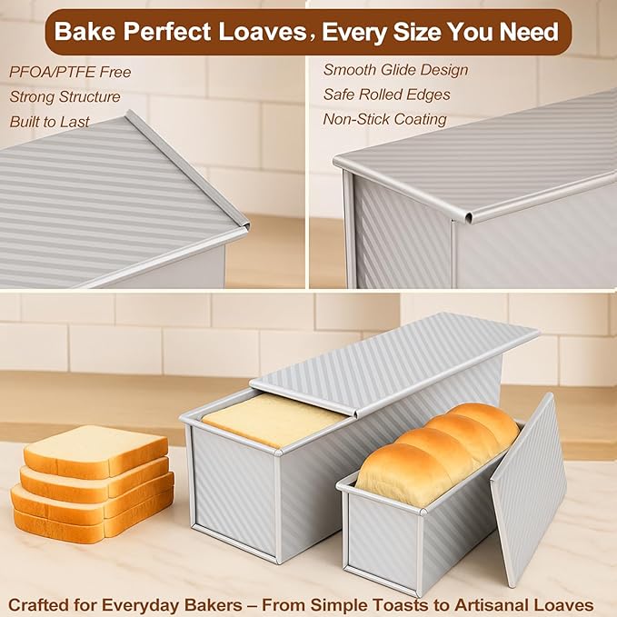 Logario 2-pack Pullman Loaf Pan with Lid (13x5 & 8.4x4.8 inch) - Nonstick Aluminum Steel Bread Pan Set, Vented Bottom for Even baking, PFOA & PTFE free, for Sandwich Bread, Sourdough, Toast & Shokupan