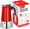 Suiitat 6 Cup Stainless Steel Moka Pot, 300ml Stovetop Espresso Maker, Red