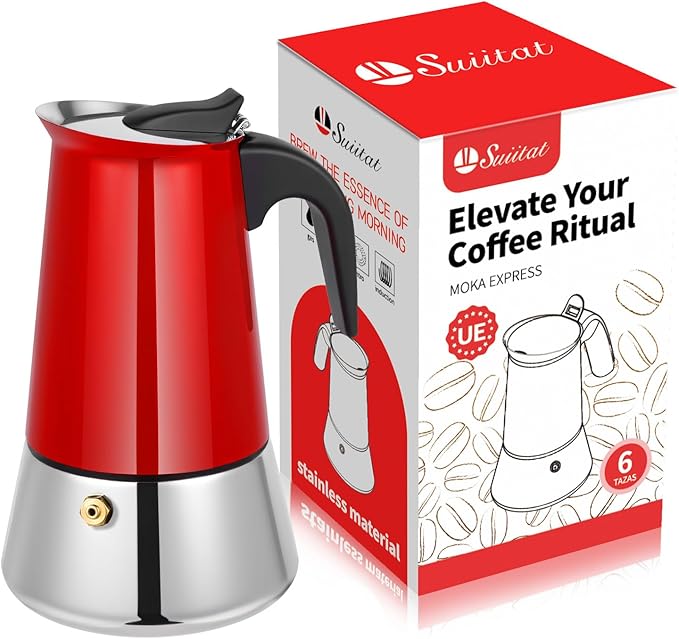 Suiitat 6 Cup Stainless Steel Moka Pot, 300ml Stovetop Espresso Maker, Red