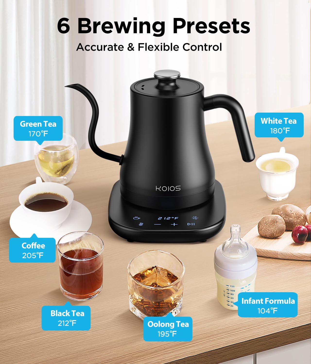 KOIOS Gooseneck Electric Kettle, ±1℉ Temp Control, Mute Mode, 4H Keep Warm