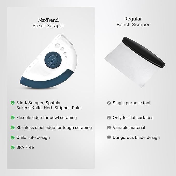 5-in-1 Dough Scraper & Flexible Bowl Scraper by Nextrend, Bread Scraper with Stainless Steel Edge, Ruler & Herb Stripper – BPA Free, Dishwasher Safe - Blue