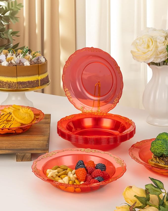 Bestluck 100 Pack Clear Red Plastic Bowls with Gold Rim
