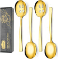 Keyoxy 4 Piece Stainless Steel Serving Spoons Set - 2 Large, 2 Slotted, 9.2-Inch, Dishwasher Safe, for Parties/Kitchen/Buffet/Catering,Gold