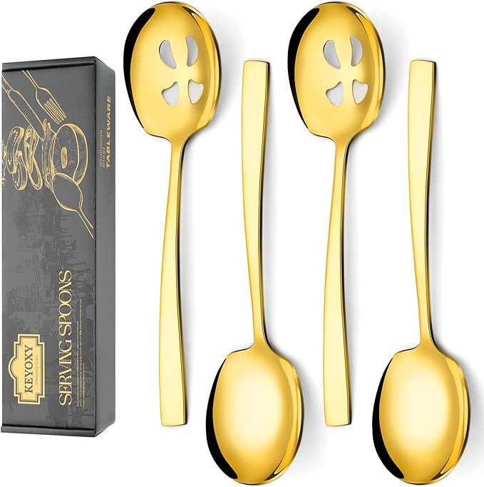 Keyoxy 4 Piece Stainless Steel Serving Spoons Set - 2 Large, 2 Slotted, 9.2-Inch, Dishwasher Safe, for Parties/Kitchen/Buffet/Catering,Gold