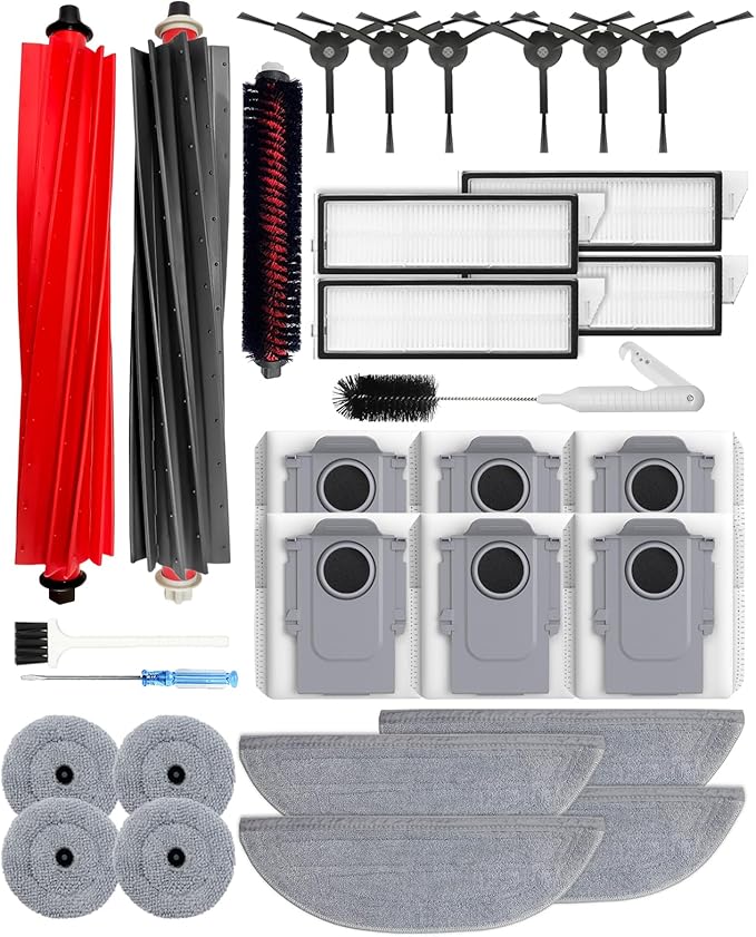 30pcs Accessories Kit for Roborock S8 MaxV Ultra/S8 Max Ultra Robot Vacuum Cleaner, Replacement parts with 6 Activated Carbon Dust Bags, 2 Main Brushes, 4+4 Mop Cloths, 4 HEPA Filters, 6 Side Brushes