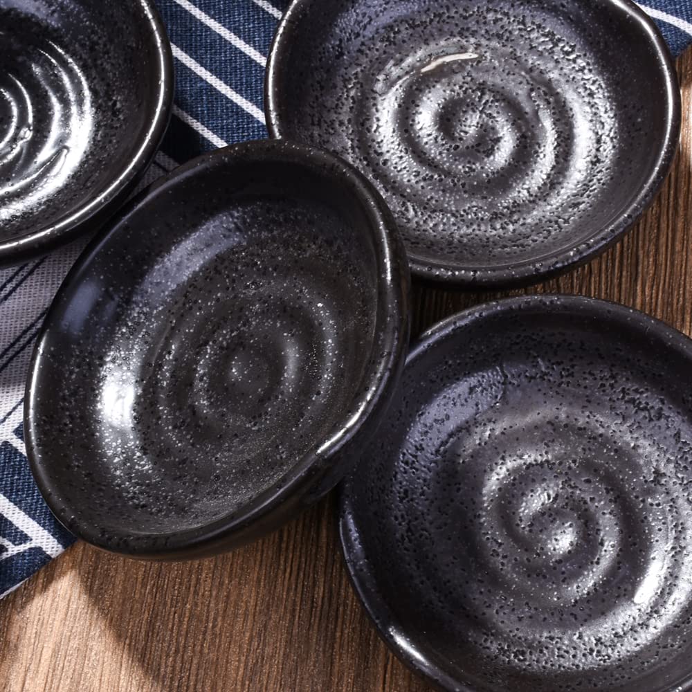 Swlthwen 3.1 Inch Porcelain Side Dish Bowl Seasoning Dishes Soy Sauce Dishes Dipping Sauce Bowls-Set of 5,Soy Sauce Dish with Mouth (Black)