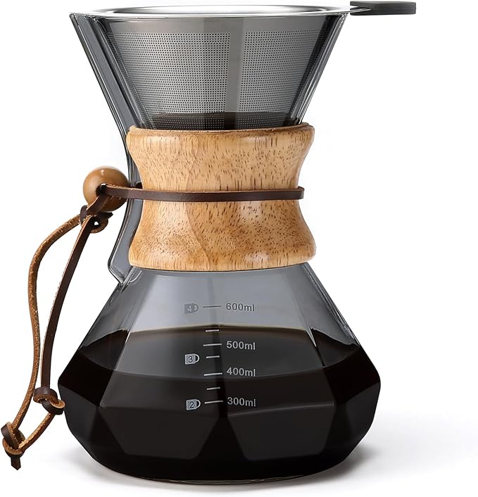Lalord Pour Over Coffee Maker, 600ml/20oz Borosilicate Glass Carafe, Stainless Steel Filter, Wooden Collar, 3-4 Cups Serving, Gray