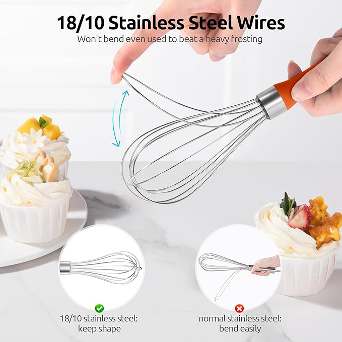 U-Taste Wire Whisk for Cooking, 18/10 Stainless Steel Balloon Wisk,S/Orange