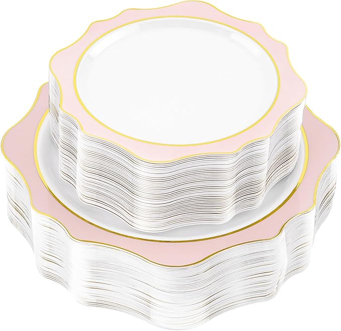 realluck 100Pcs White & Pink Plastic Plates for 50 Guests