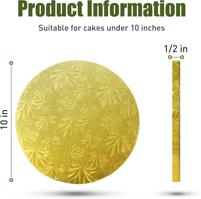 Bekoetoz 10-Pack Round Gold Cake Drum Board 12 Inch Sturdy 1/2 Inch Thick Full Wrap Edge Cake Base for Heavy Tiered Cakes(12" Gold)