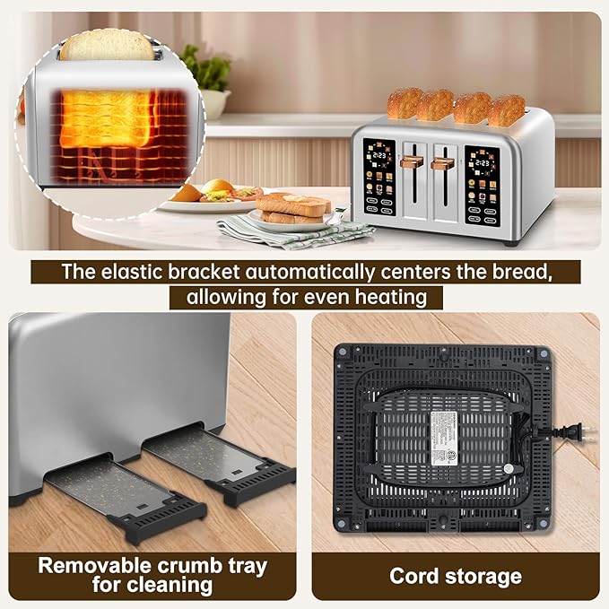 SEEDEEM 4-Slice Touchscreen Toaster, Stainless, 7 Shade, 1800W, Silver