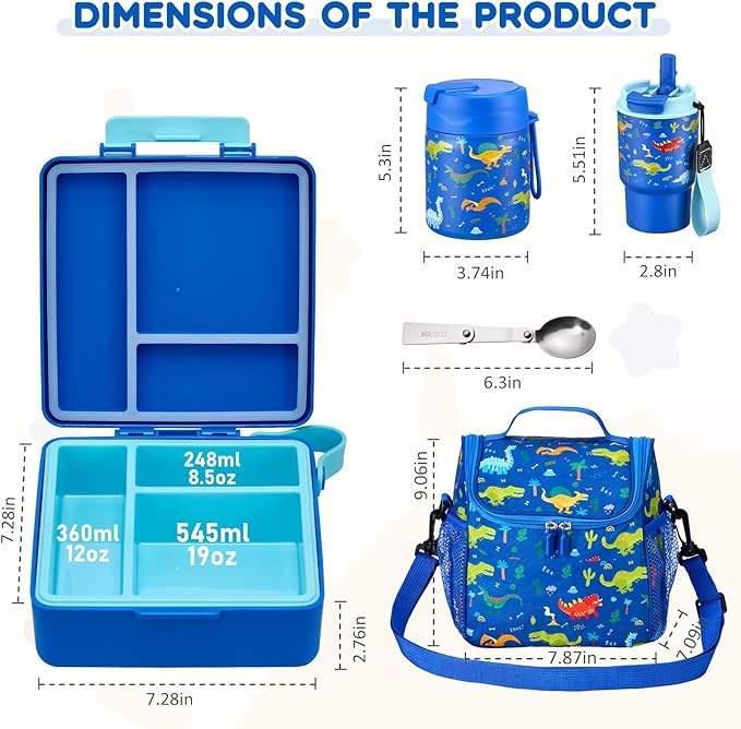 Pawtong Lunch Box Set with Bento Box Container, 17OZ Stainless Steel Food Soup Thermo, Kids Water Bottle & Portable Insulated Lunch Bag, Leakproof, Hot/Cold Retention for School, Travel (Dinasour)