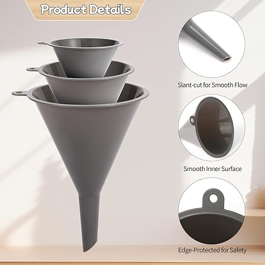 Plastic Kitchen Funnel Set of 3 with Clean Brush, BPA Free Round Food Funnels for Kitchen Use, Multifunctional Funnels for Filling Canning&Bottles, Suitable for Cooking, Lab and Automotive Use