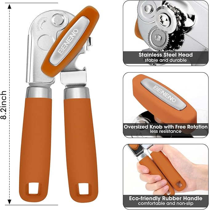 Beneno Heavy Duty Hand Can Opener Manual with Magnet Lid Remover, Orange