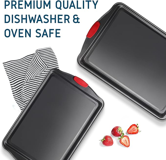Eatex Nonstick Baking Sheet Set, 2-Piece Baking Pans Set with Silicone Handles, Carbon Steel Cookie Sheets for Baking Commercial Grade Quality Oven Tray, Jelly Roll/Quarter Sheet Pans for Baking