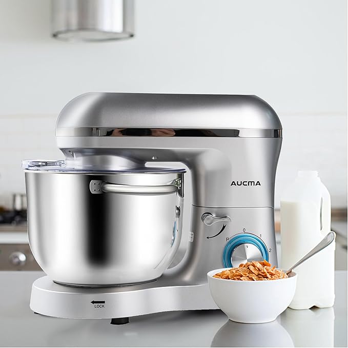 Aucma Stand Mixer,6.5-QT 660W 6-Speed Tilt-Head Food Mixer, Kitchen Electric Mixer with Dough Hook, Wire Whip & Beater (Silver, 6.5QT)