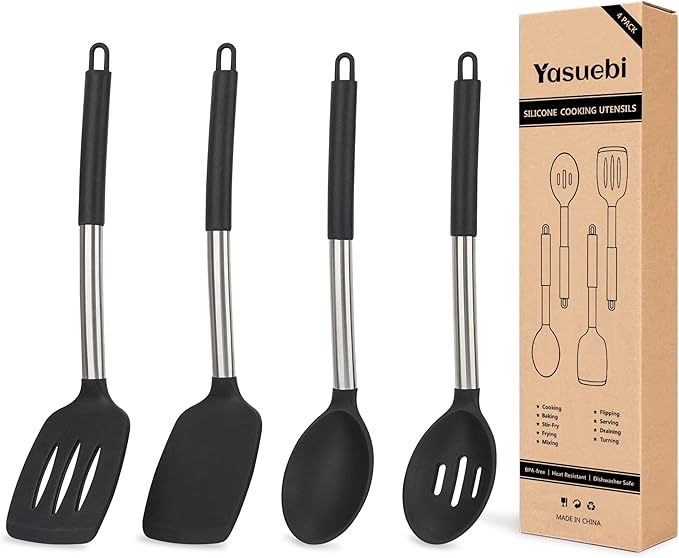 YASUEBI Silicone Cooking Kitchen Utensils Set Kitchen Utensils Set Silicone Cooking Utensils Set for Nonstick Cookware Perfect for Baking and Mixing Spatula Set BPA Free Dishwasher Safe Black 4 Pack