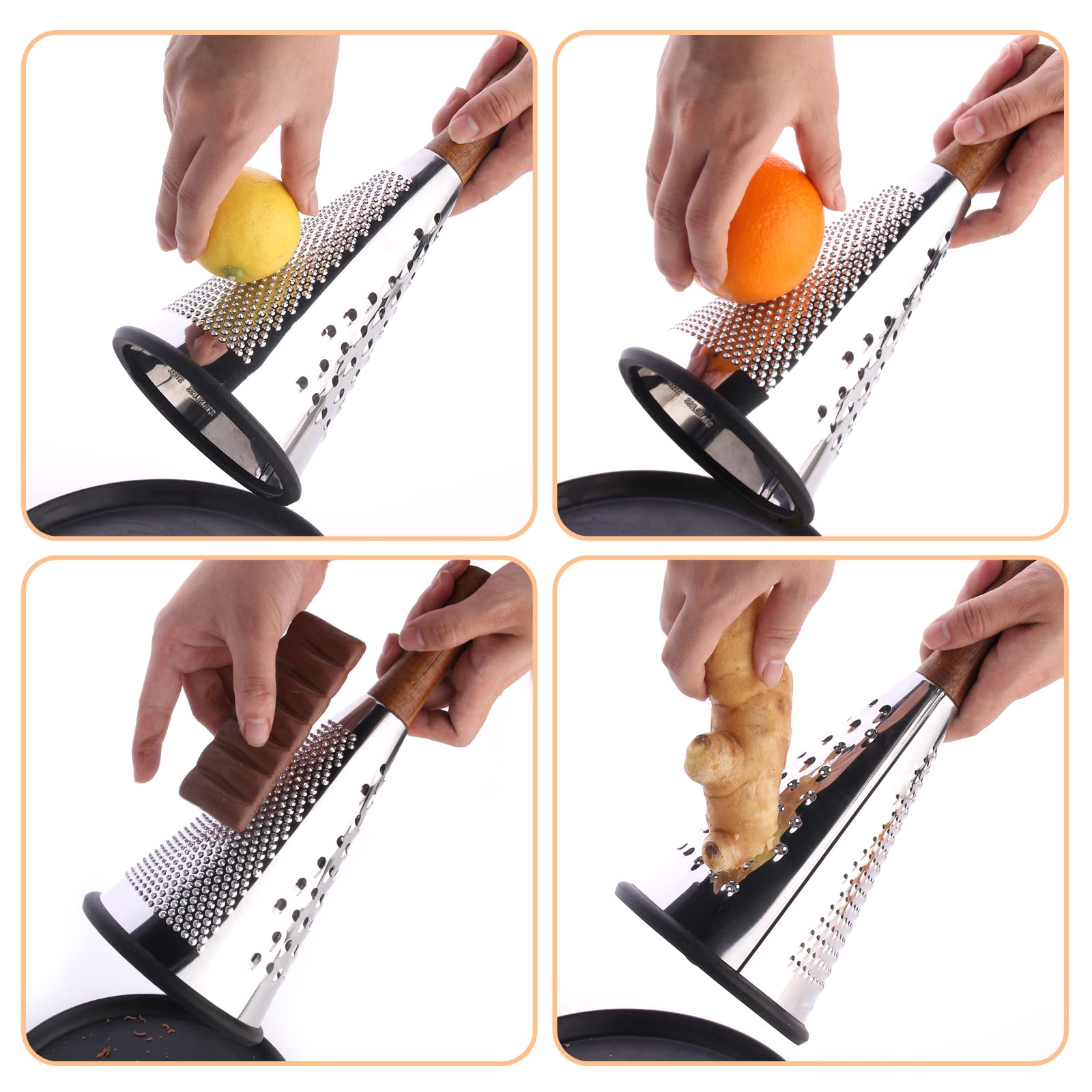 Cone Cheese Grater with Handle - Stainless Steel Triple Function Wood Handle Parmesan Shaver Non-Slip Rubber Bottom Hand Held Multifunction Vegetables Cheese Grater with container (M: 9.4" X 4.3")