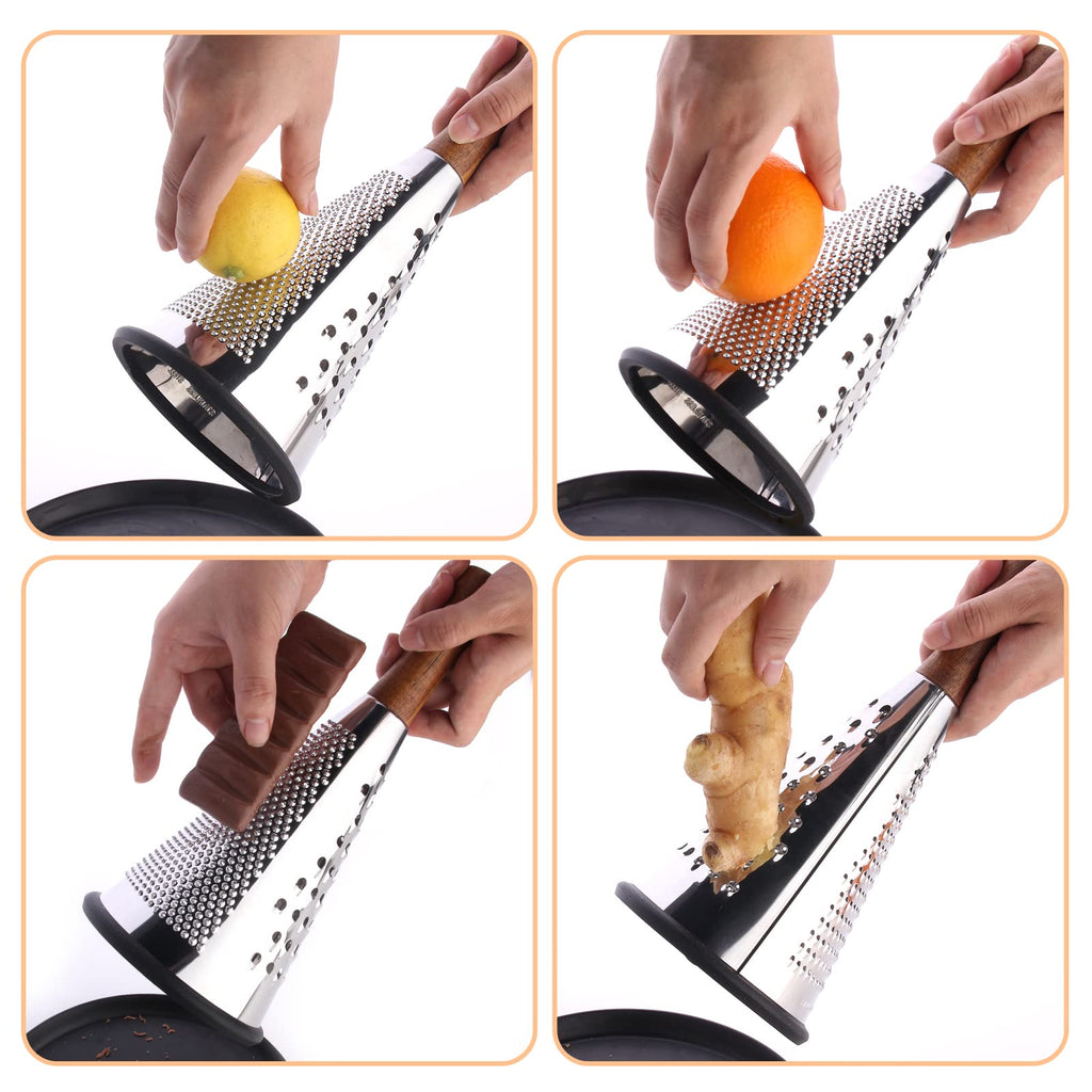 Cone Cheese Grater with Handle - Stainless Steel Triple Function Wood Handle Parmesan Shaver Non-Slip Rubber Bottom Hand Held Multifunction Vegetables Cheese Grater with container(XL:11.8" X 5.1")